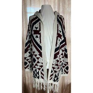 Vintage Aztec Knit Hooded Cardigan Open Front Sweater With Fringe Trim Boho Styl